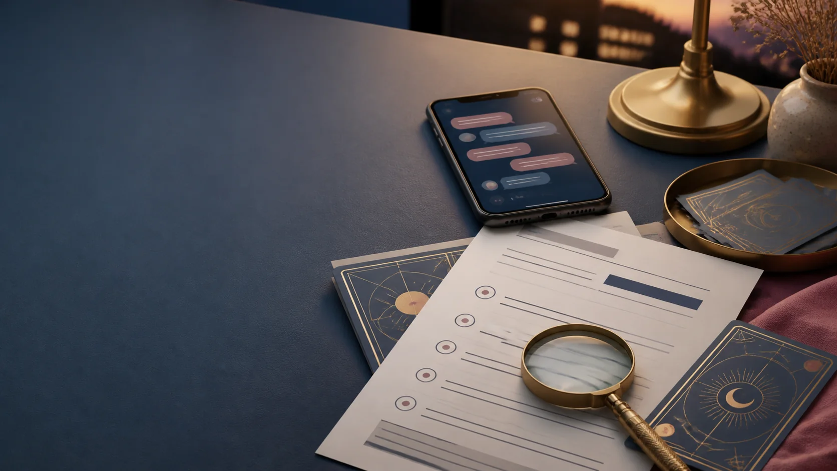 A calm desk scene with a phone, a checklist, and a magnifying glass for comparing psychic reading service terms